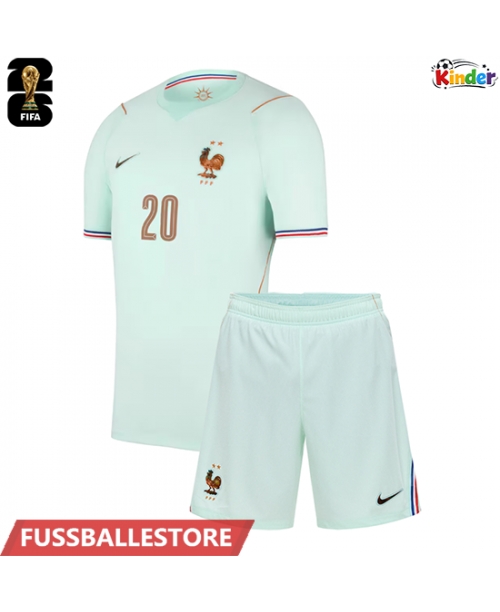 Günstige Frankreich Desire Doue #20 Auswärts Trikotsatzt Kinder WM 2026 Kurzarm (+ Kurze Hosen)